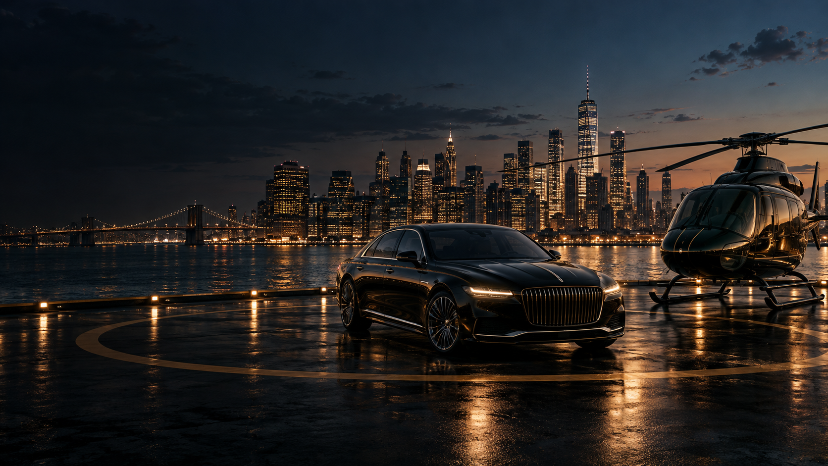 Luxury sedan and executive helicopter overlooking Manhattan at night
